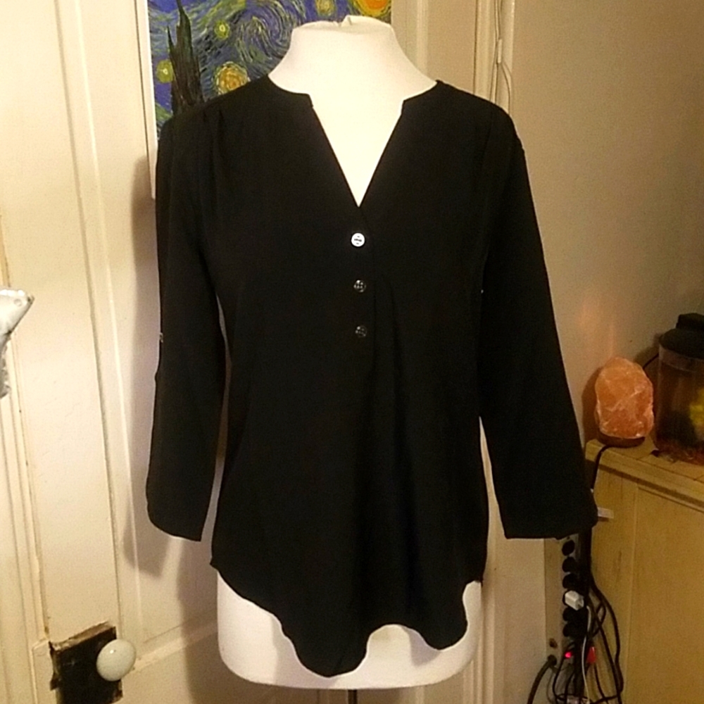 NWT- Lilac Bloom M Black V Neck Blouse w/ Long Sleeves & Optional 1/2 Sleeves